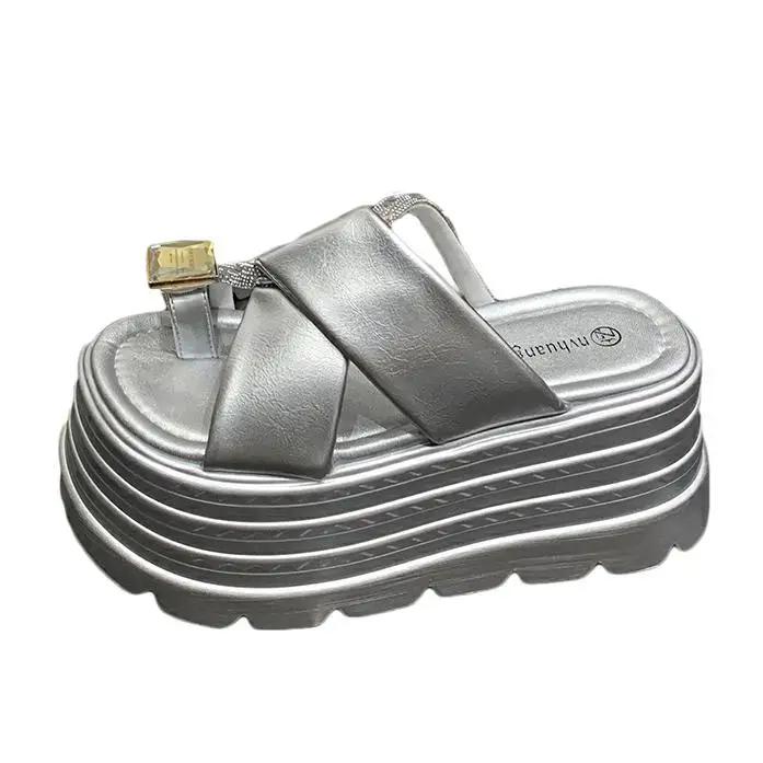 Fashion 8CM Roman Bling Crystal Slippers Women Summer New Fashion Sequins High Platform Open Toe Beach Slippers Leather Sandals Slide