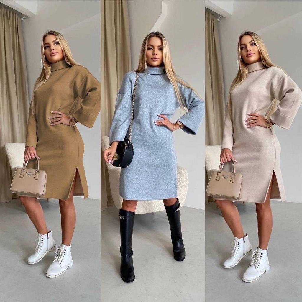 2023 Spring High Neck Long Sleeve Slit Sweatshirt Dress for Women