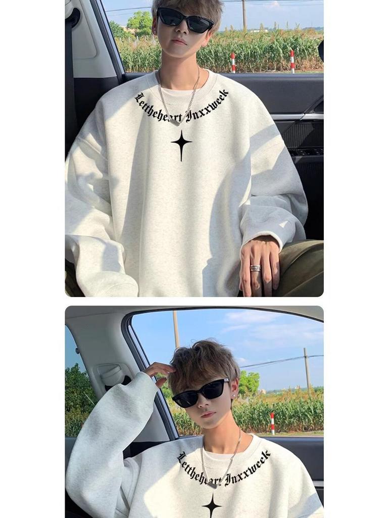 Men's Fleece-Lined Cotton Hoodie, Round Neck, Loose Fit, Plus Size, Spring & Autumn Layer, Trendy Winter Wear.