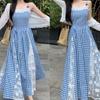 Sweet, Small and Fresh Lace Splicing Plaid Suspender Dress, Summer New Age-reducing Waist and Thin Temperament Dress