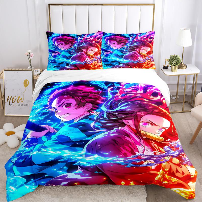 3pcs Two Heroes Clash Demon Slayer Printed Duvet Cover Set (1 * Cover+2 * Pillowcase, Without Core), Suitable for Home Bedroom, Guest Room, Dormi