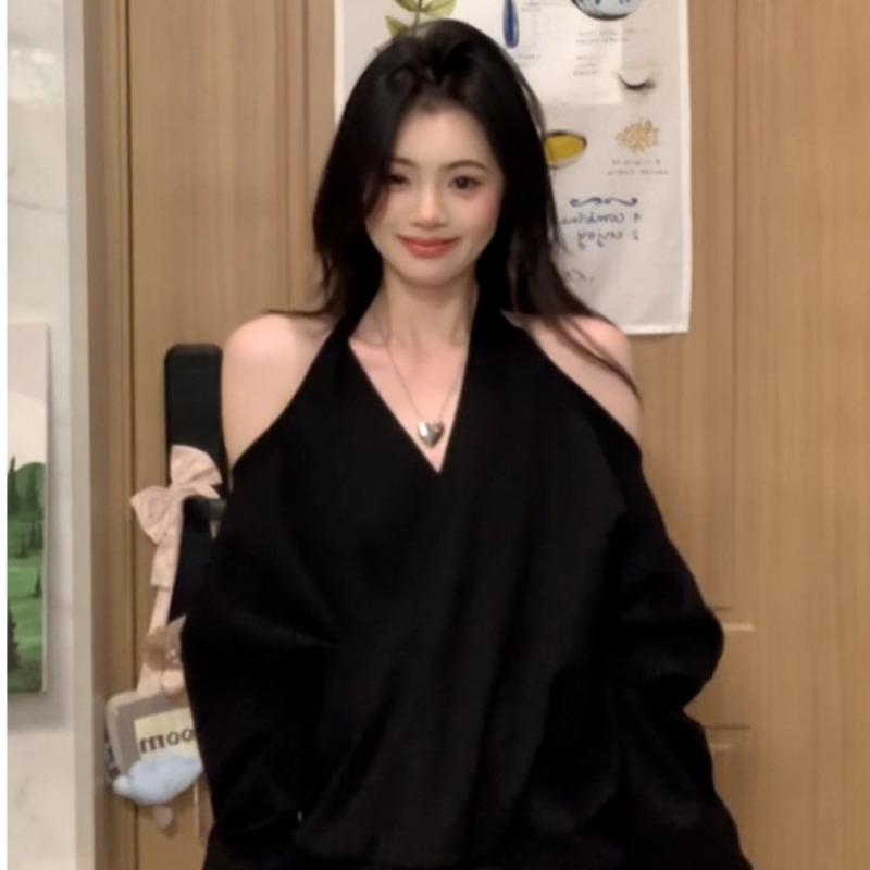 One-shoulder Off-shoulder Female Autumn Black Hottie Halter Neck Halter Top Design S чёрный