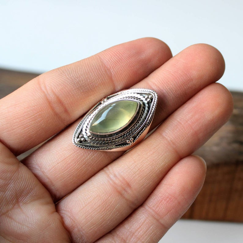 Natural Prehnite AAA+Quality Ring, Finger Boho Ring, 925-Sterling Silver Ring, Engagement Gift, Marquise Gemstone Ring, Handmade Jewelry,