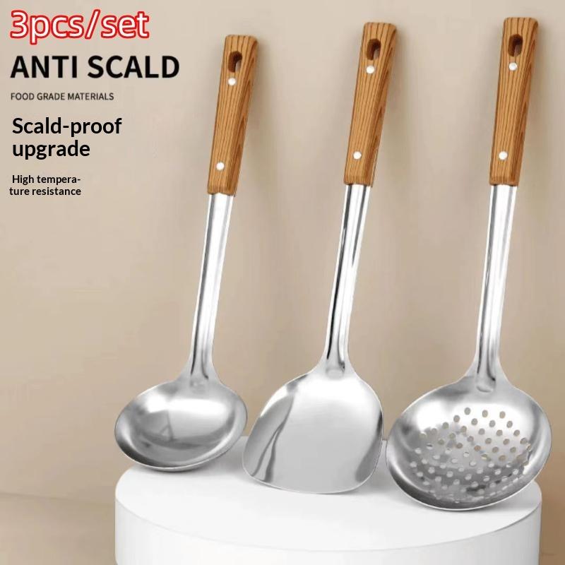 3Pcs/Set Stainless Steel Imitation Wood Grain Handle Spatula Leaky Shovel Spoon For Kitchen Light For Cooking Kitchen Tools