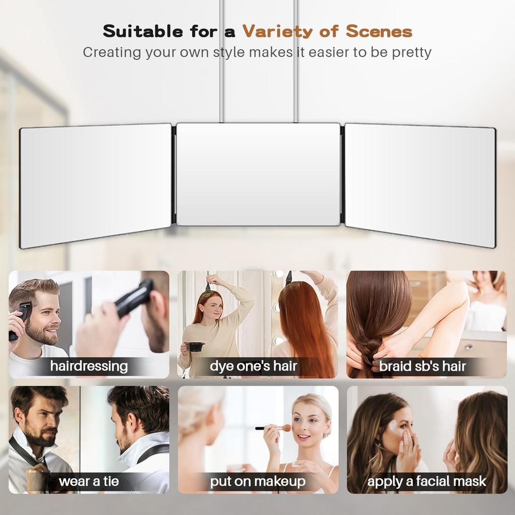 Adjustable Wide Viewing HD Mirror and Back of Head Visibility Height, 360° Angle, Foldable, 3-Way Mirror, Angle, Shatterproof, Surface,
