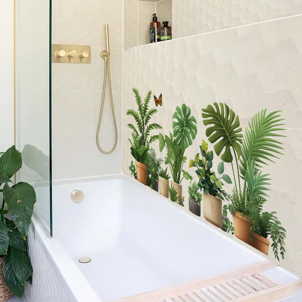 Artificial Green Plant Potted Plants, Butterfly Wall Stickers, Tile Stickers, Room and Bathroom Decorative Wall Stickers