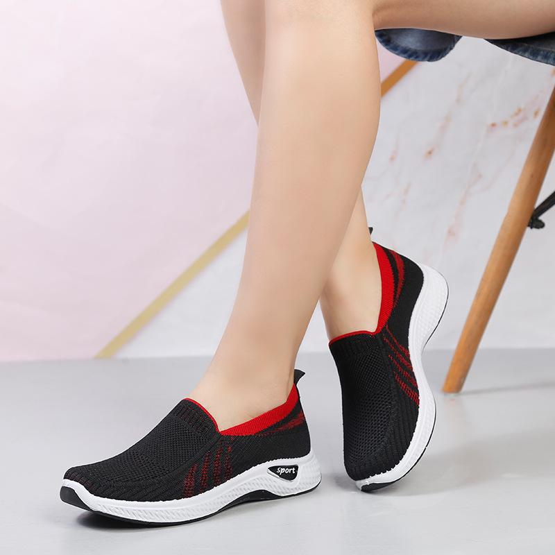 Women's Single Shoes Mesh Shoes Spring and Summer Breathable Casual Mother Shoes Medium Old Flat Bottom One Pedal Elastic Low Top Shoes