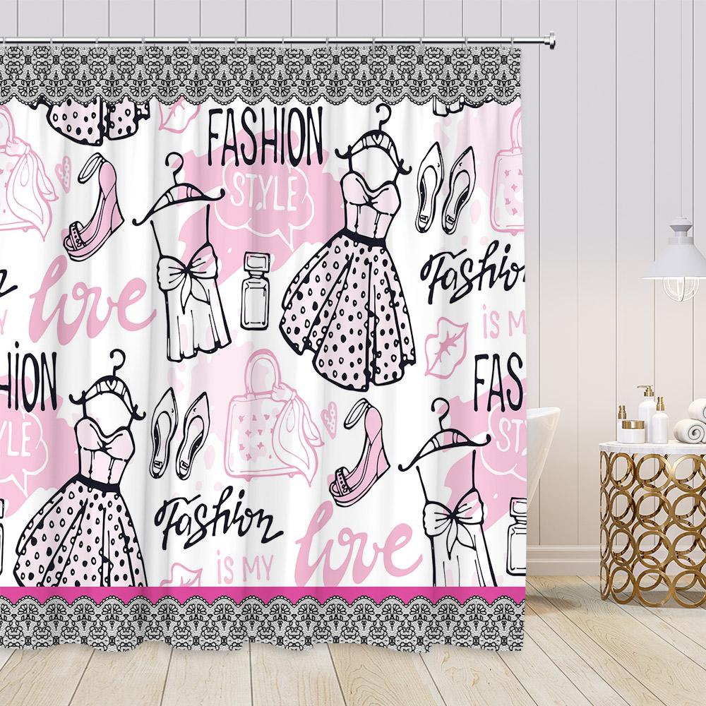Pink Perfume Shower Curtains Cosmetics High Heels Flowers Black White Stripes Bathroom Decor Girl Fashion Vintage Bath Curtain