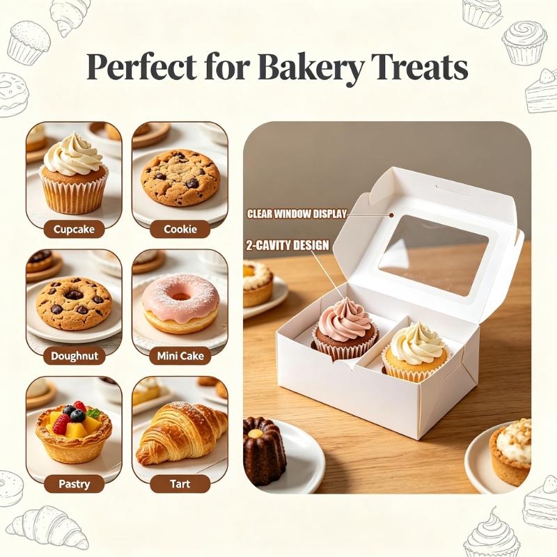 2 Muffin Boxes for Bakery Display, White Paper Dessert Box with Clear Top Window and Insert, 18 Pack for Gift Packing and Order Handoff