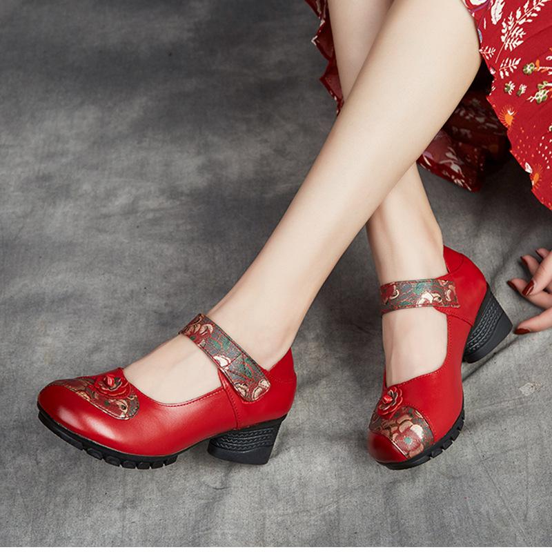 Autumn new women's shoes thick heel soft sole single shoes female mothers wear non-slip cowhide shoes