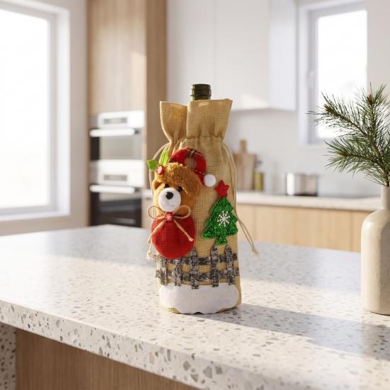 Dining Table Ornament Sets Christmas Wine Bottle Cover, Santa Claus/Snowman/Elk/Bear Gift Bag with Sticker Decals, Holiday Winter Home Accents
