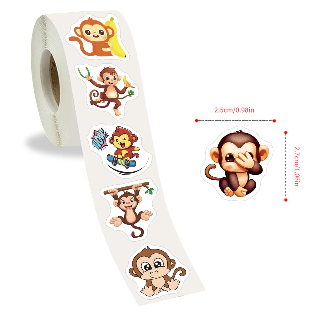 500/roll Cartoon Monkey Roll Sticker Cute Animal Children DIY Skateboard Suitcase Sticker
