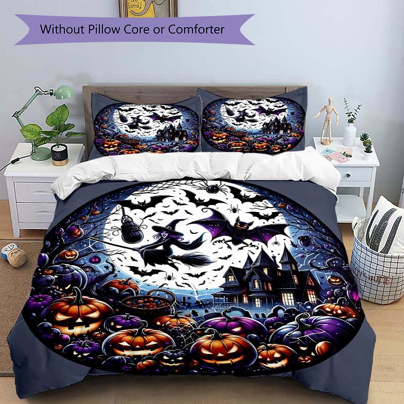 3pcs Bat Witch Pumpkin Halloween Pattern Bedding Three-Piece Set (No Fillings), Suitable for Bedrooms and Guest Rooms.N004