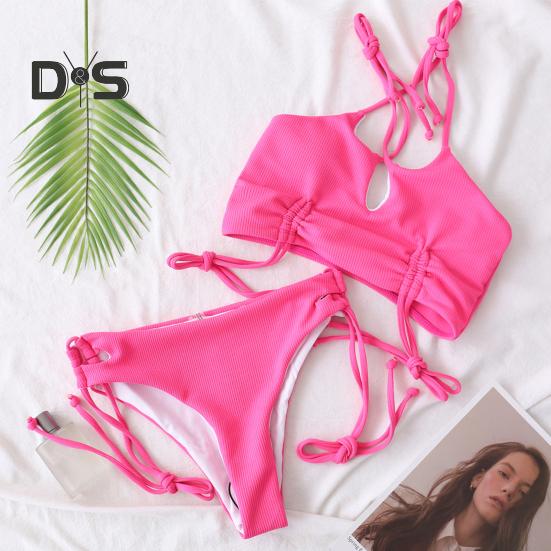 Fancy Fashion Women Sexy Pink Bra Underwear Bikini Set Swimsuit Split