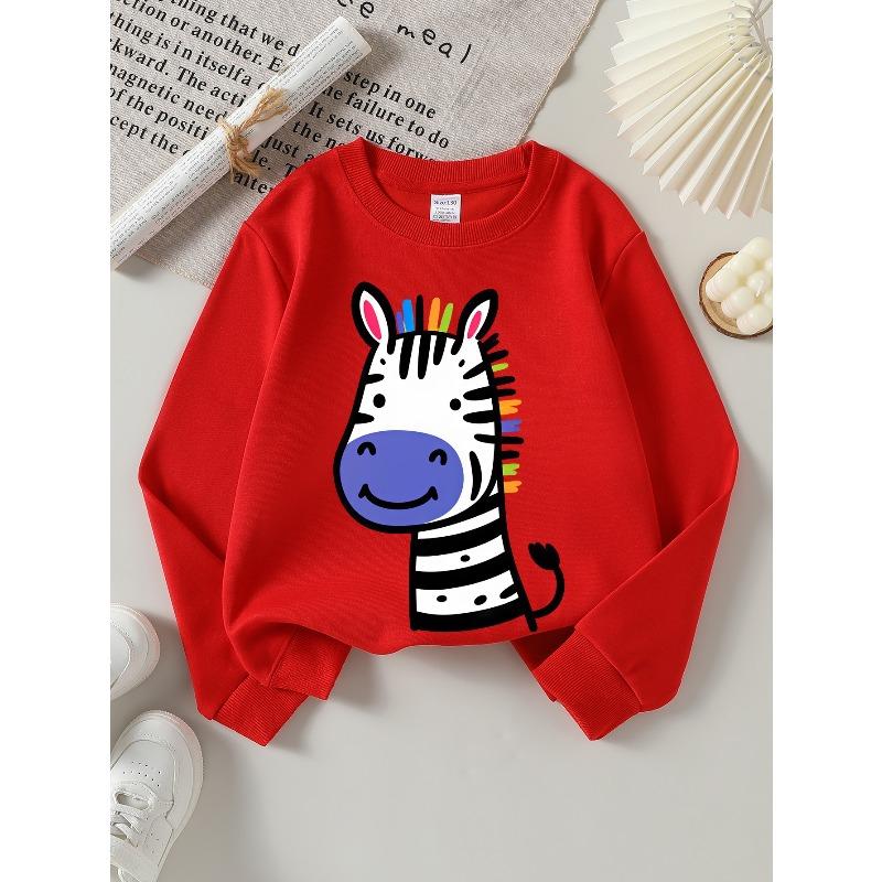 European Sizes Girls Soft Crewneck Sweatshirt Cute Cartoon Zebra Rainbow Mane Print, Casual All-Match, Ideal Holiday Present