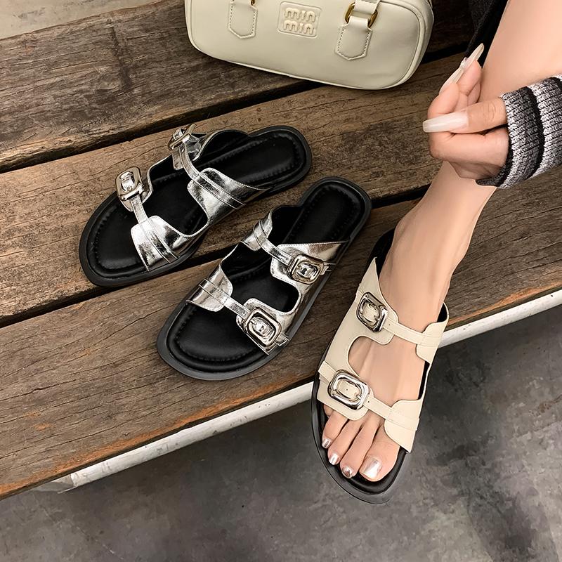Fashion Women's new leather cowhide round toe summer exposed toe metal belt buckle comfortable low heel fashion slippers