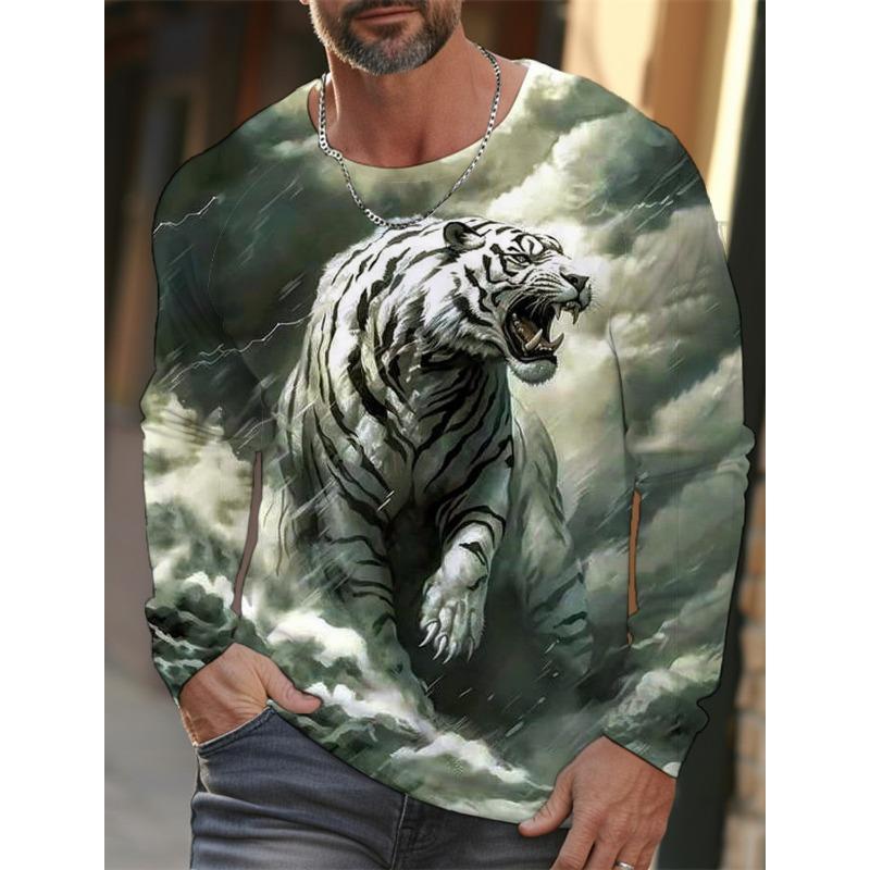 Tiger Print Pullover Autumn Men's Casual Long Sleeve T-shirt Top Round Neck Sweatshirt Streetwear Harajuku Men's Wear