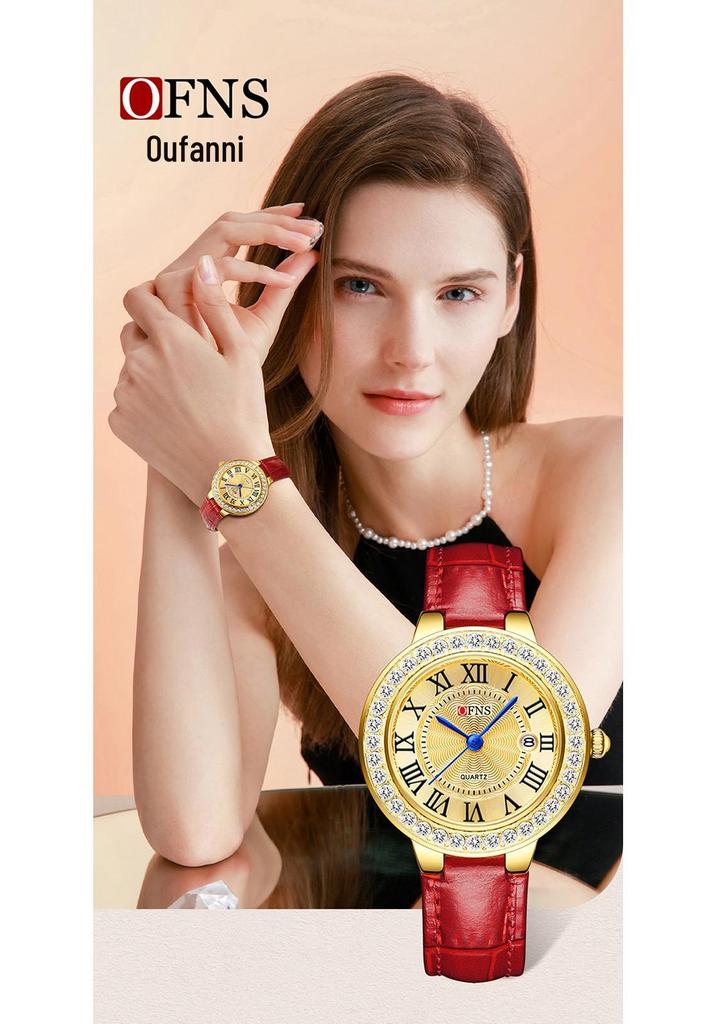 OFNS Women's Luxury Watch: Round Diamond-Inlaid, Versatile Ins Style, Calendar, 30M Waterproof