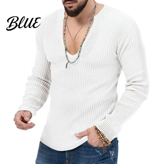 Men Knitted Cotton Sleeves Solid V Neck Knit Deep Blend Sweater Ribbed Long Color Slim