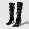 Fashion Patent Leather Women Knee High Boots Sexy Pointed Toe Thin Heels Zipper Ladies Long Female Shoes Zapatos Mujer