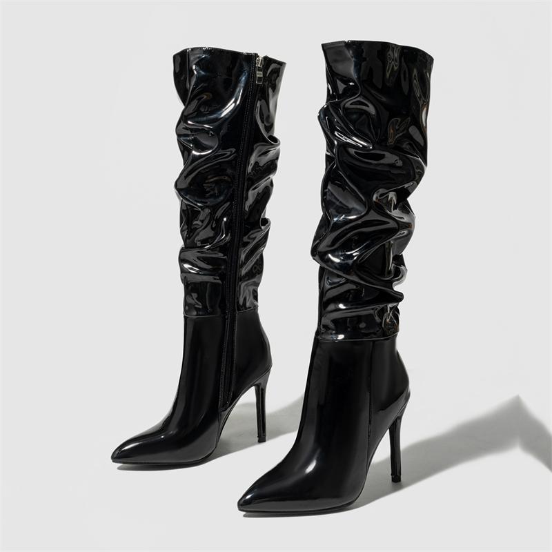 Fashion Patent Leather Women Knee High Boots Sexy Pointed Toe Thin Heels Zipper Ladies Long Female Shoes Zapatos Mujer