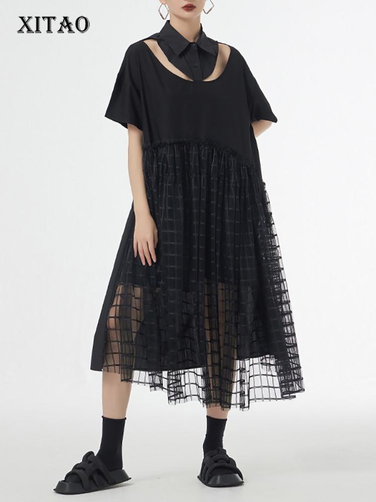 

XITAO ажурное лоскутное марлевое платье-пуловер в клетку, свободное повседневное WLD16839 One Size чёрный