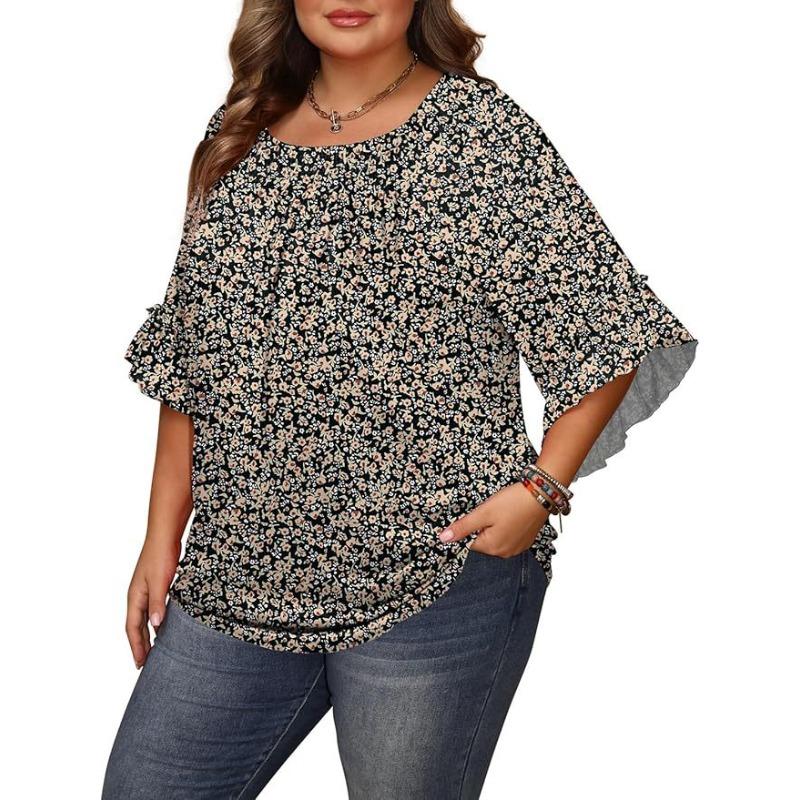 

Solid Color Painted Ruffle Sleeves Crew Neck Loose Top Fashionable T-Shirts Women’s 5XL