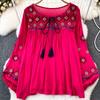 Embroidery Flower Spring Women Blouse Vintage Ethnic Lantern Long Sleeved Oneck Loose Cotton Linen Shirt Casual Top D5082