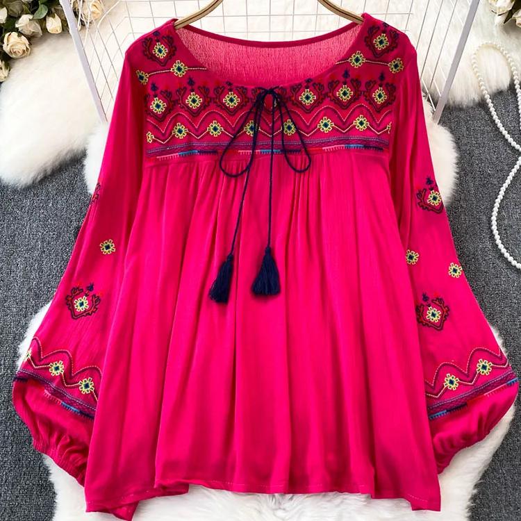 

Женская весенняя блузка с вышивкой, винтажный этнический фонарь с длинными рукавами и круглым вырезом, свободная хлопковая льняная рубашка, повседневный топ D5082 One Size розовый