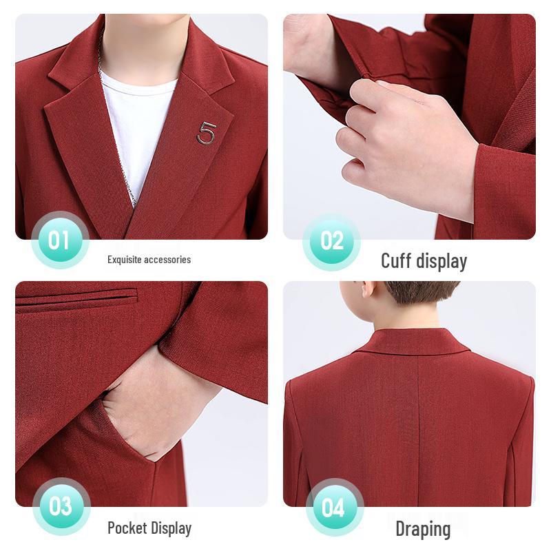 Chlapecký pohledný formální narozeninový oblek a sako v britském stylu pro fotografování a pro družbu