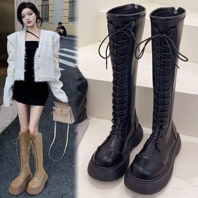 Schnürstiefel, Damen neue Plateau-Ritterstiefel im Herbst und Winter 2025, aber kniehohe Stiefel, schmale Stiefel