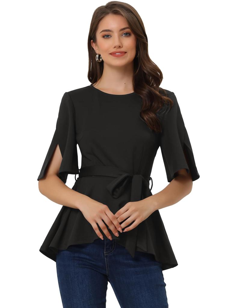 Allegra K Peplum Short Sleeve Split Crew Size M Women's Top, Blouse, Neck, Belted, Casual, Black,