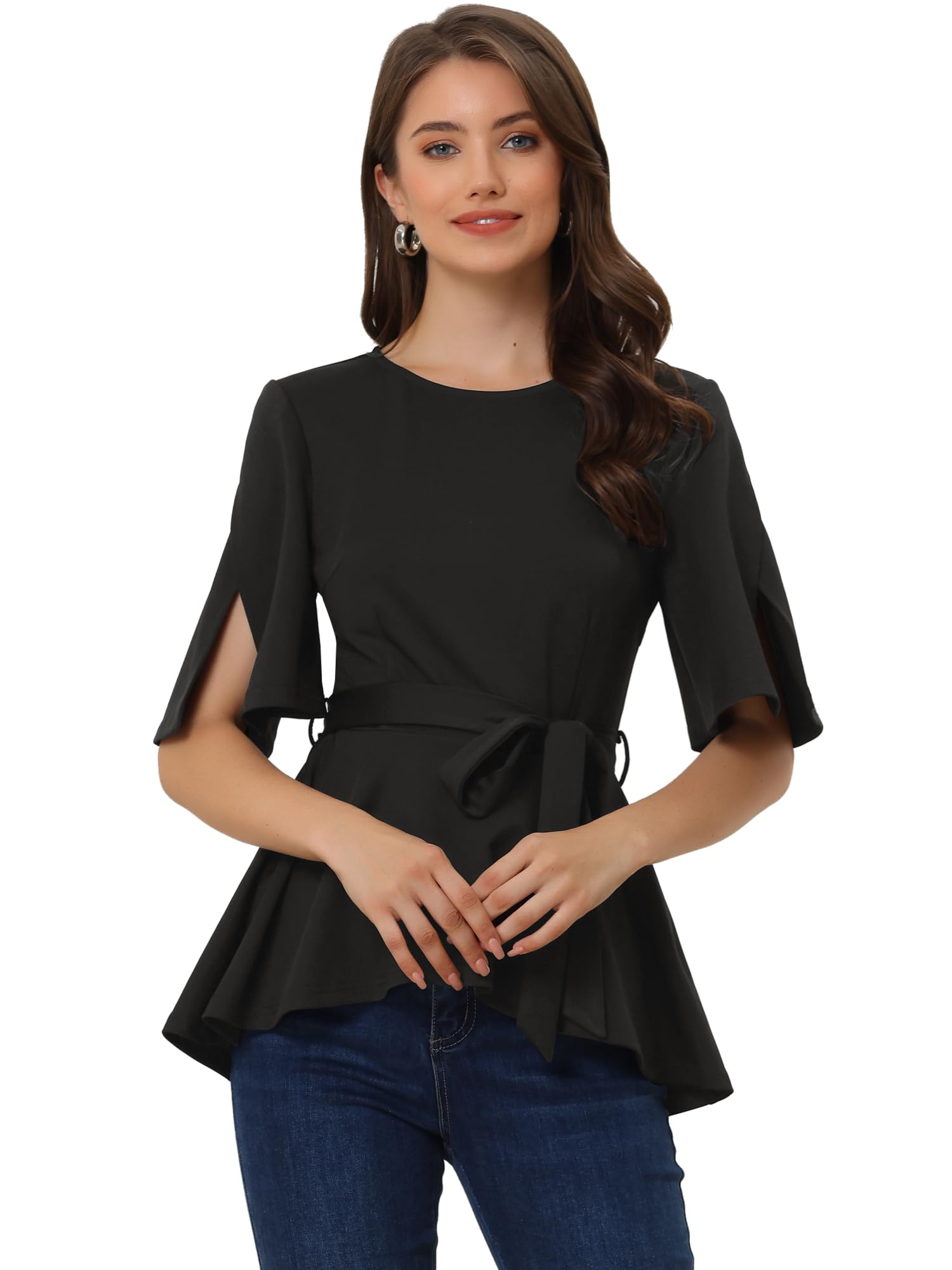 

Allegra K Peplum Short Sleeve Split Crew Size M Women s Top, Blouse, Neck, Belted, Casual, Black, чёрный