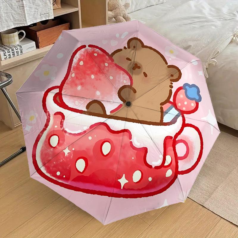 1pc Strawberry Tea Cup Capybara Automatic Open/Close Umbrella, Folding Compact Umbrella with Lightweight Design for Women/Men yy251011066