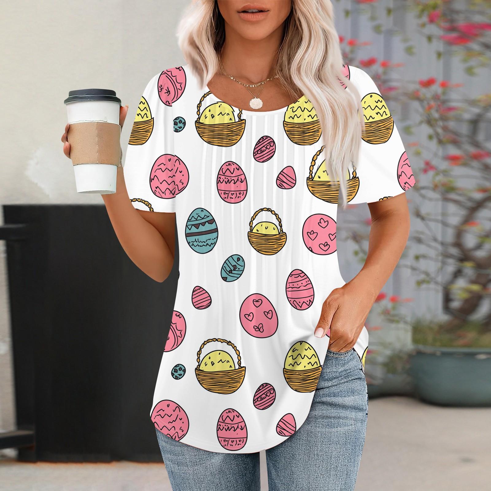 

Женская мода повседневная плиссированная футболка с круглым вырезом и принтом с коротким рукавом XXXL белый