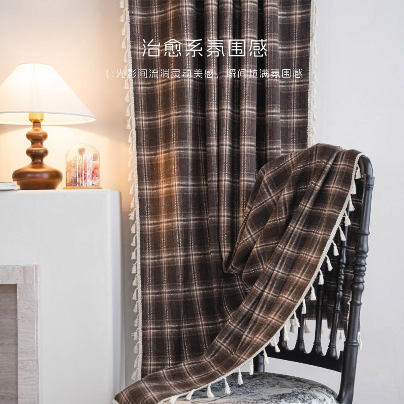 ImanQi Curtains Christmas Coffee Plaid Woven French Kitchen Window Semi-Sheer