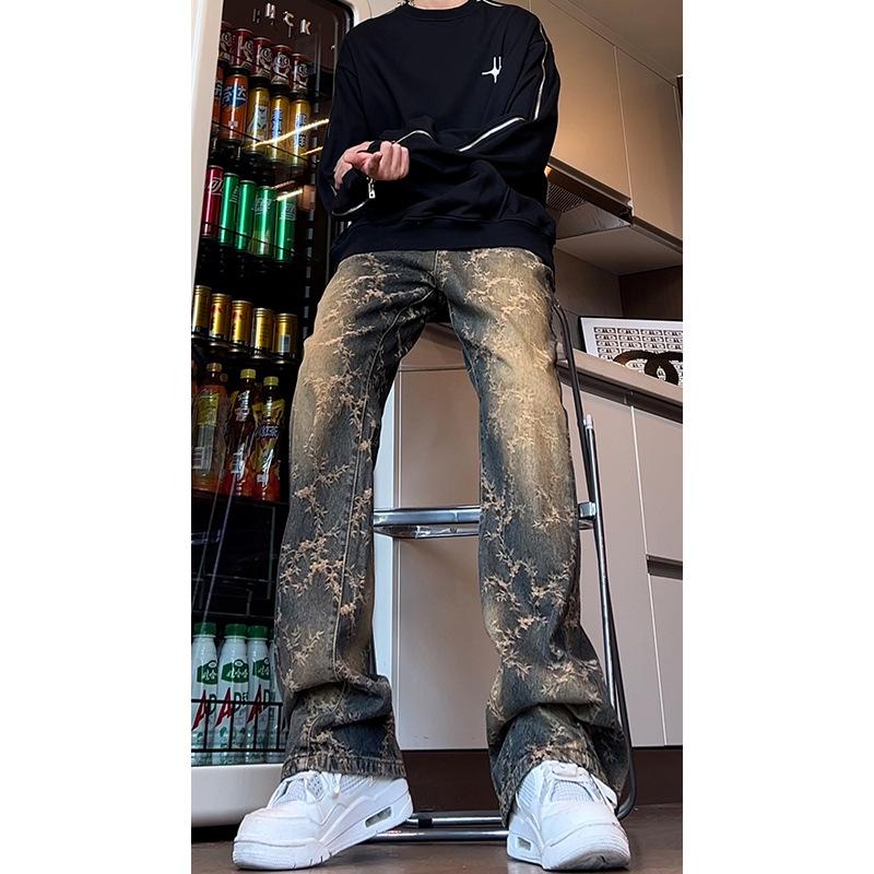 American high street jeans trendy brand pants design sense niche straight pants vibe retro washed jacquard micro-pull pants