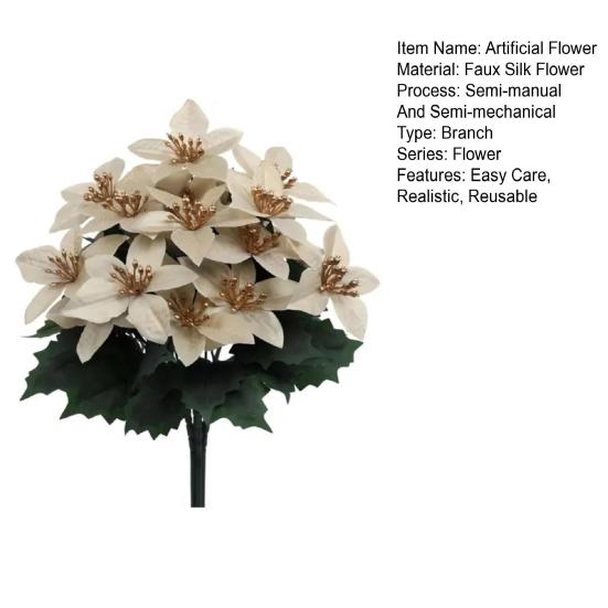 Artificial Poinsettia Bouquet with Green Leaves 4 Fork UV Resistant Fake Silk Flower Home Table Centerpiece Indoor Outdoor Faux Bloom Decoration