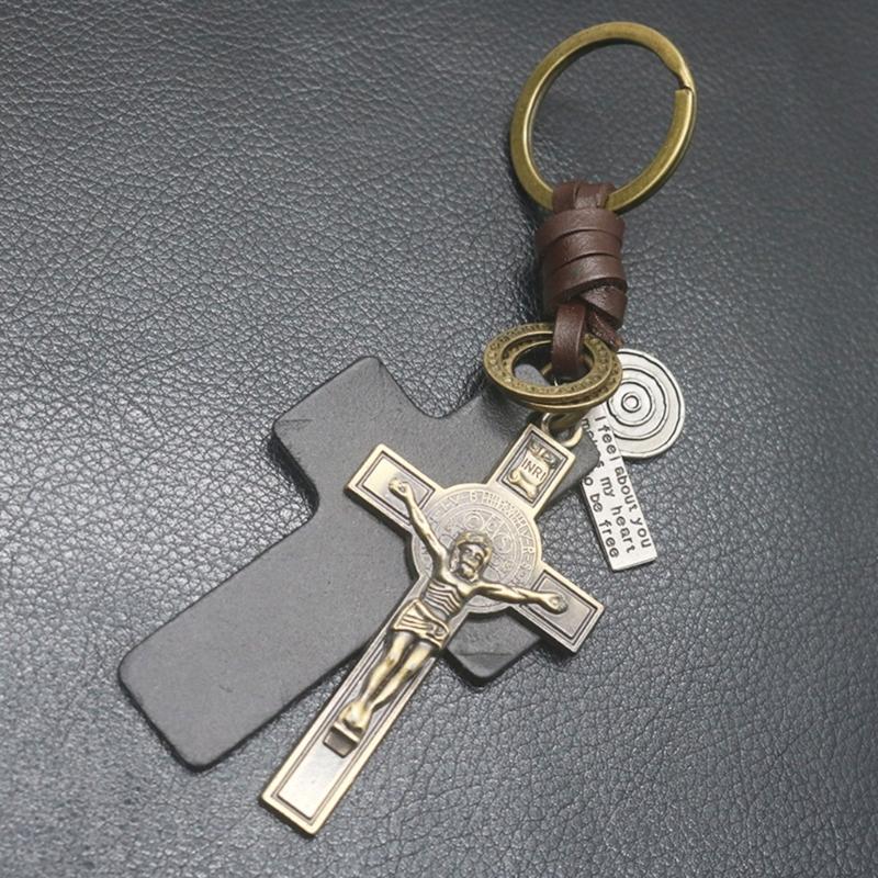 Unique Crucifix PU Leather Keychain Religious Key Ring Bag Pendant for Daily Use Trendy Punk Inspired Key Accessory