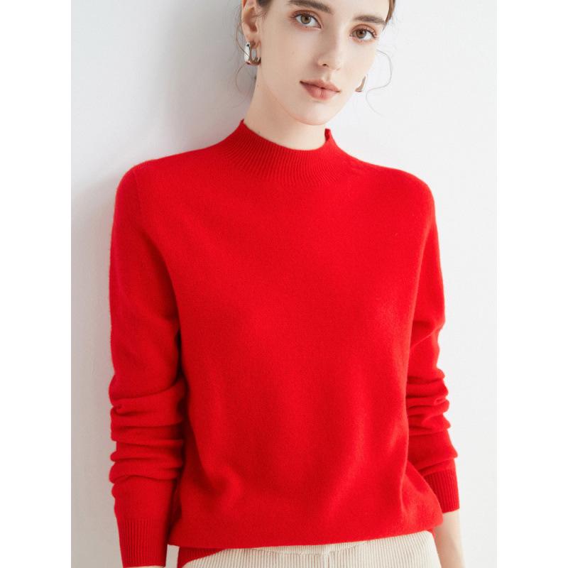 Women's Slim-Fit Autumn Sweater, Fashionable Half-High Neck, Versatile Pure Wool for Layering or Outerwear, Skin-Friendly.