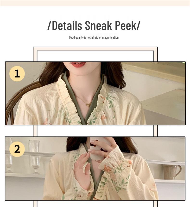 Women's Long Sleeve Kimono Pajama Dress - Sweet Chinese Pastoral Style for Spring & Autumn, Mid-Length, Loose Fit, Outdoor Wear