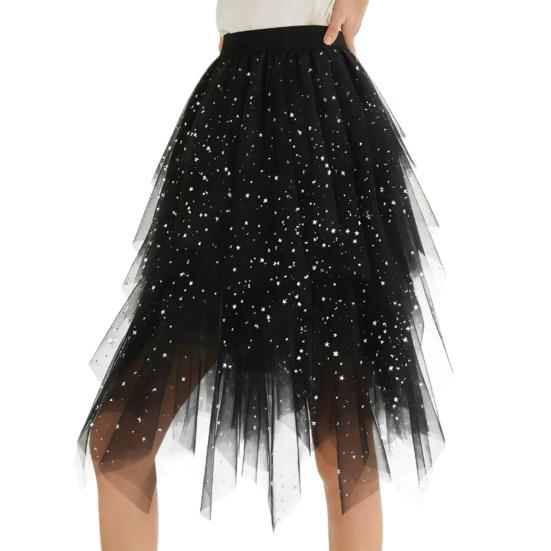 Damenrock Sternenhimmelmuster Doppellagig Mesh Hoher Bund Rock mit unregelmäßigem Saum Asymmetrisch Hoher Schlitz Party Auftrittsrock