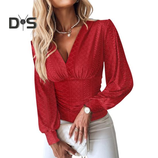 Damen-Shirt mit V-Ausschnitt, langen Ärmeln, hohles Design, T-Shirt, tailleneng, lässig, Sommeroberteile, einfarbig