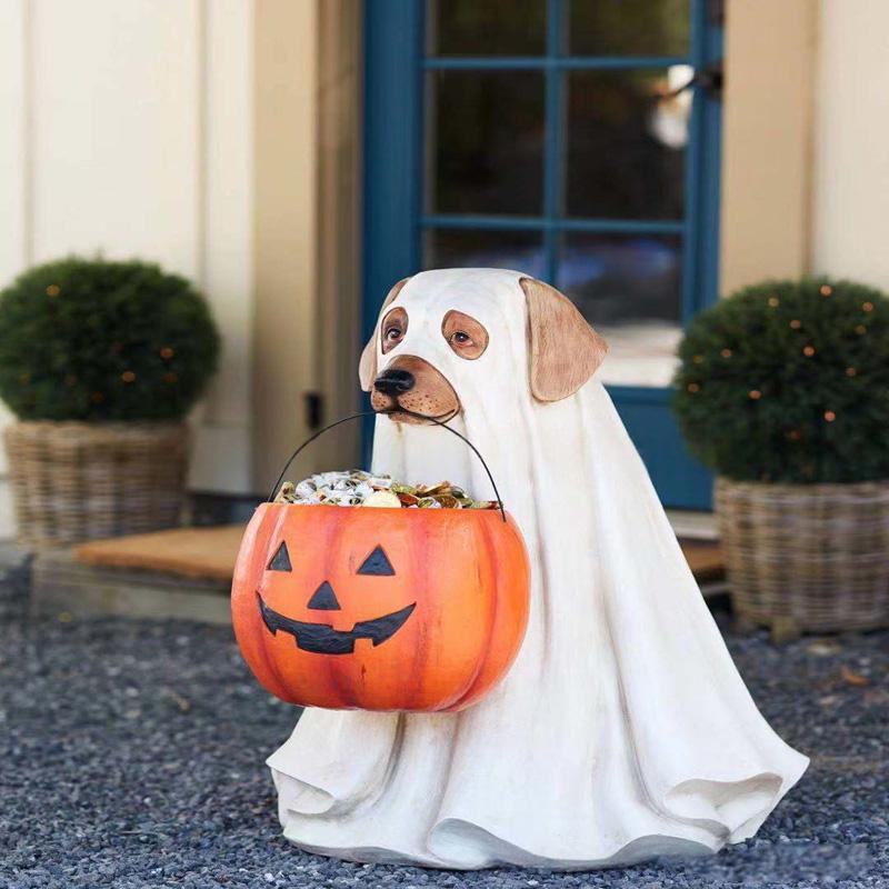 Halloween Dog Cat Statues Festival Theme Ghost Dog Candy Bowl Holder Multifunctional Anti Fading Festival Party Decoration Gift