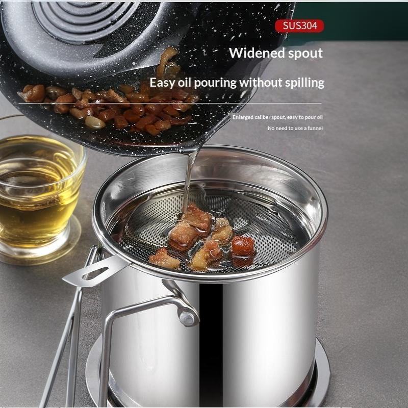 Stainless Steel Oil Strainer Pot Leakproof Oil Storage Container with Fine Filter for Home Kitchen Frying Oil Recycling