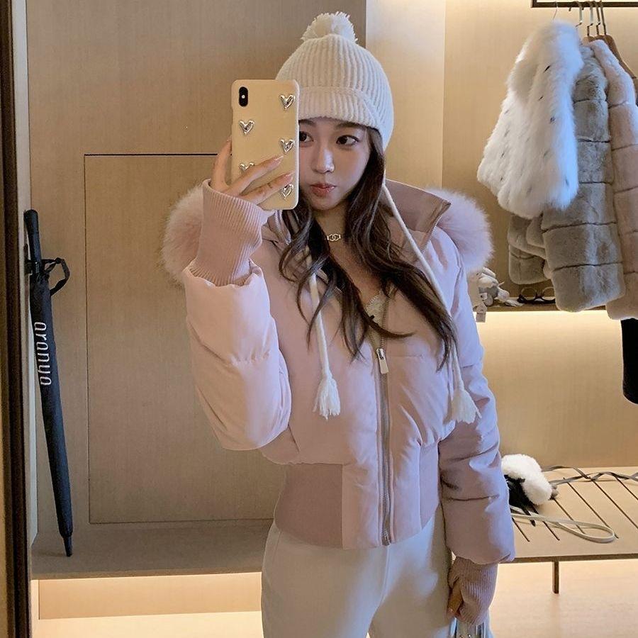 Korean style waist short cotton-padded clothes women's hooded big fur collar autumn and winter small people looking thin cotton-padded jackets are ava