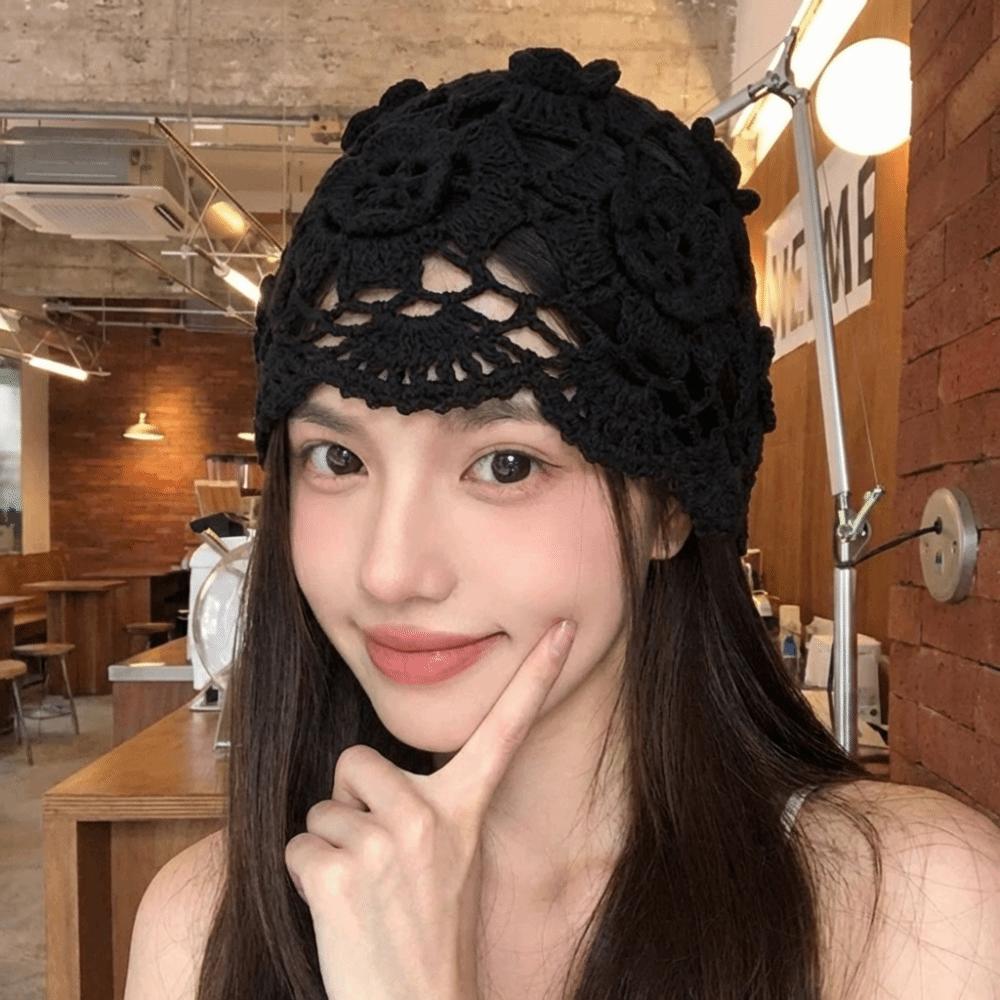 Handmade Crochet Flower Knitted Hat Bohemian Style Woven Cap Cute Hollowed Out Beanie Cap Outdoor