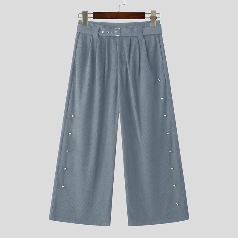 INCERUN Men Zip-up High Waist Casual Loose Long Texture Pants Trousers