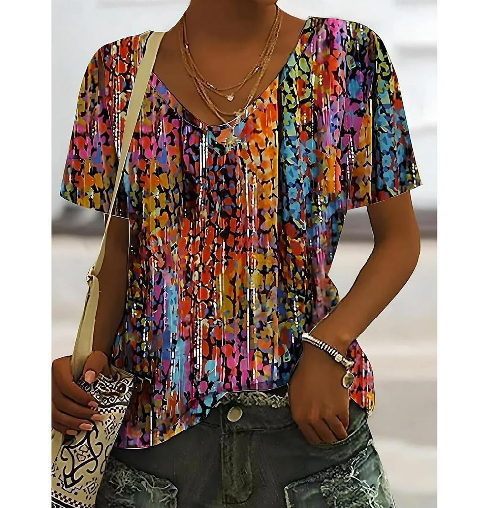 Plus Size Women's T-shirt Vintage Flower Graphics Fashion Short Sleeved V-Neck Tops Summer Casual Tees Women Clothing