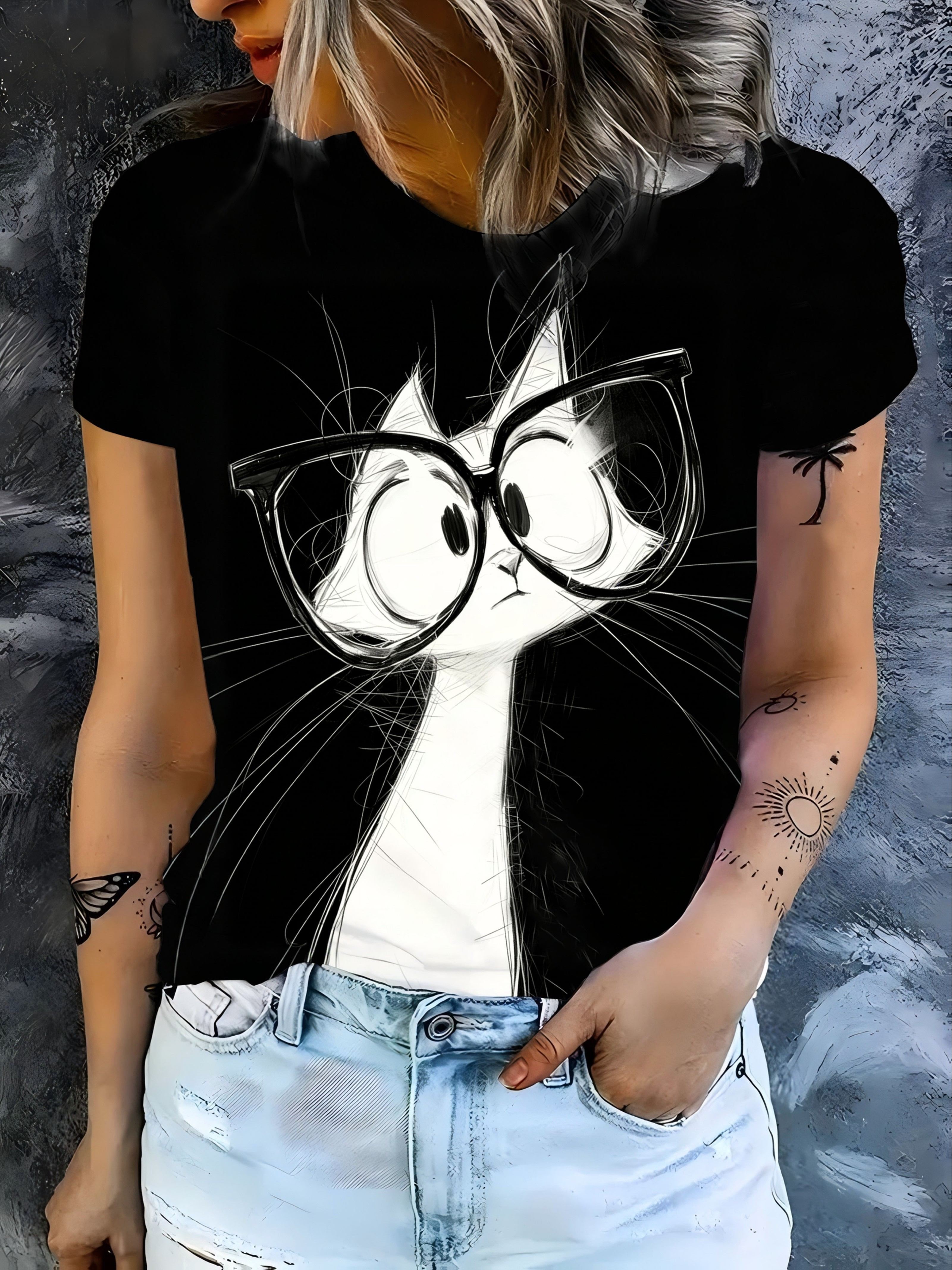 

New Summer Women s Black and White Hand-drawn Glasses Cat Print T-shirt. Artistic Large Frame Cat Cartoon Short Sleeve. Round Neck Casual Personality 2XL дубильная кора